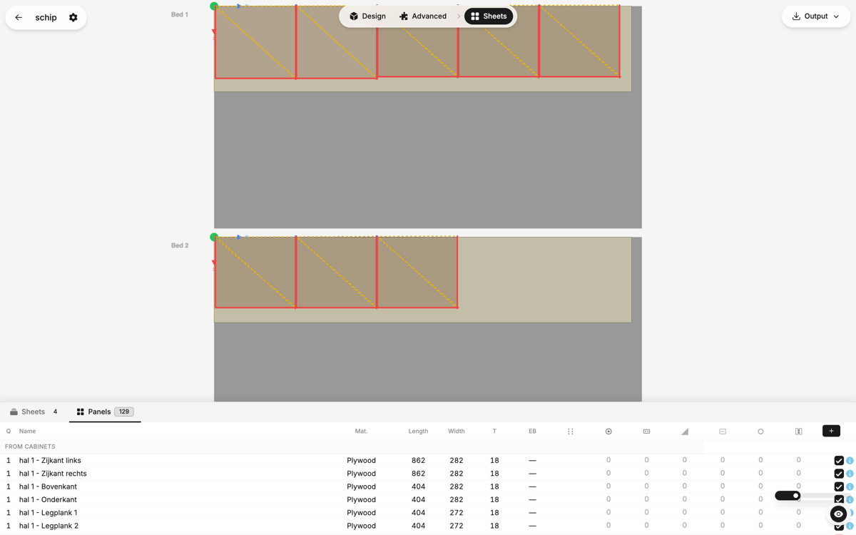 G-code toolpaths over the nested sheets